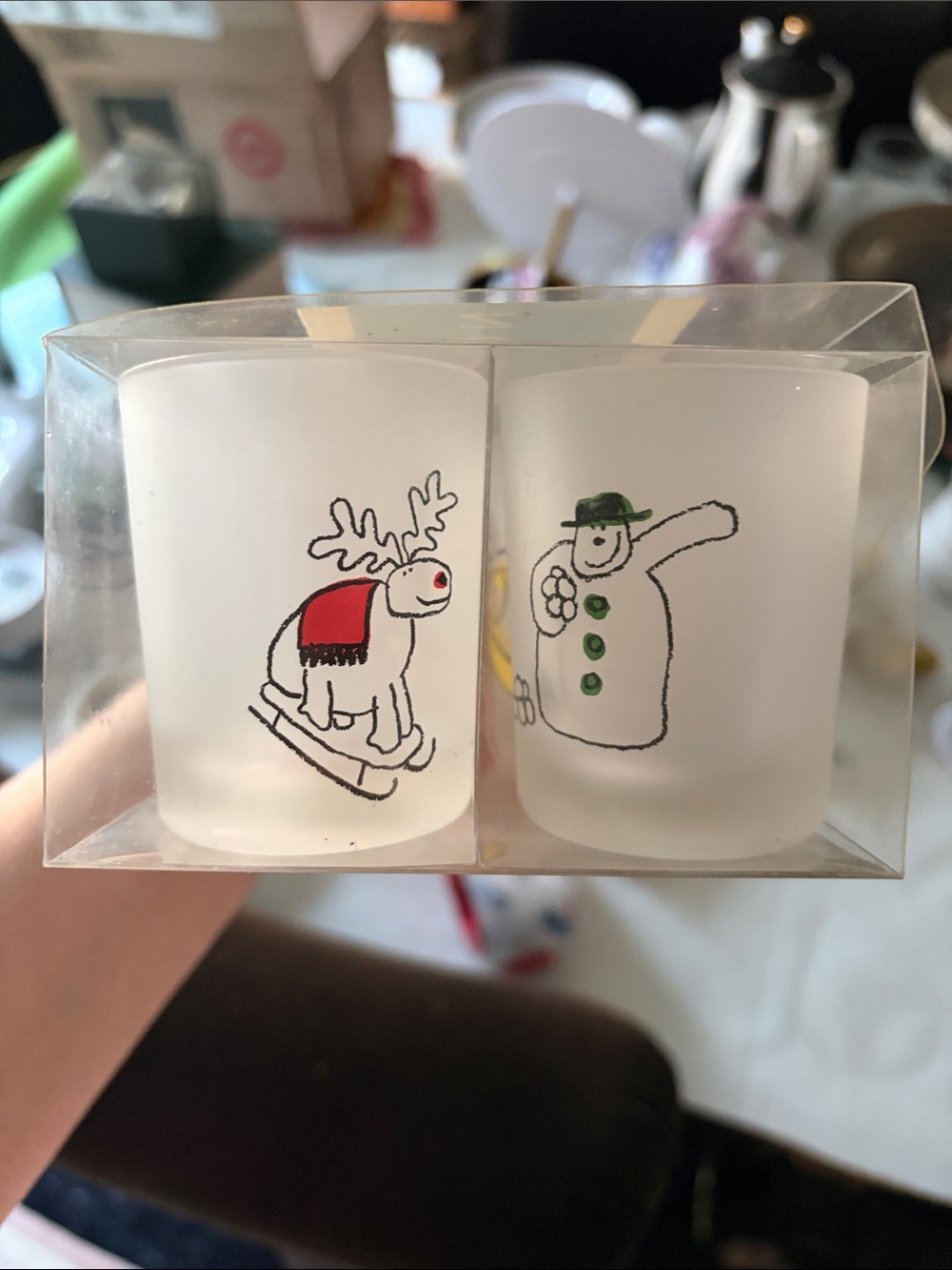 Festive Dartington Designs Christmas Reindeer & Snowman Frosted Votive Set